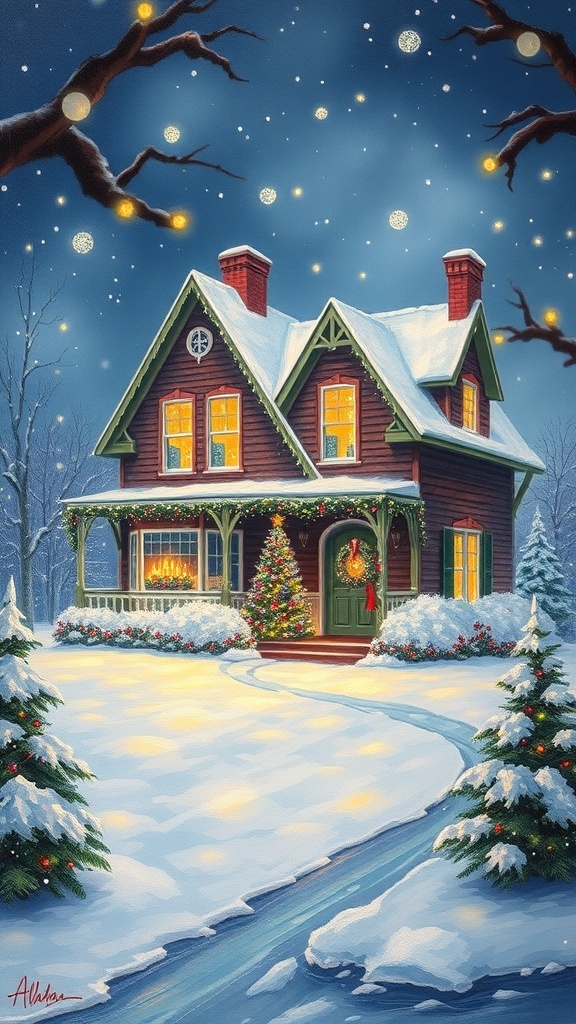 A festive house painting depicting a cozy home with Christmas lights and a decorated tree in the window, surrounded by snow.